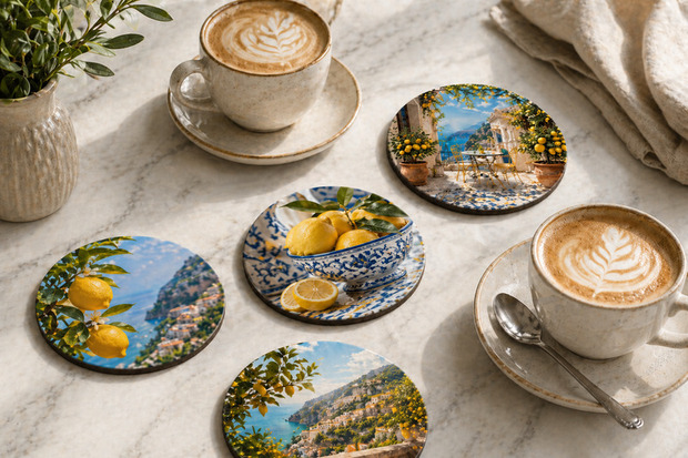 Foto onderzetters rond op tafel